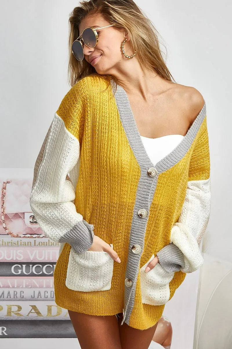 BiBi Cardigan Mustard Ivory Color Block Lightweight Knit Long Sleeve