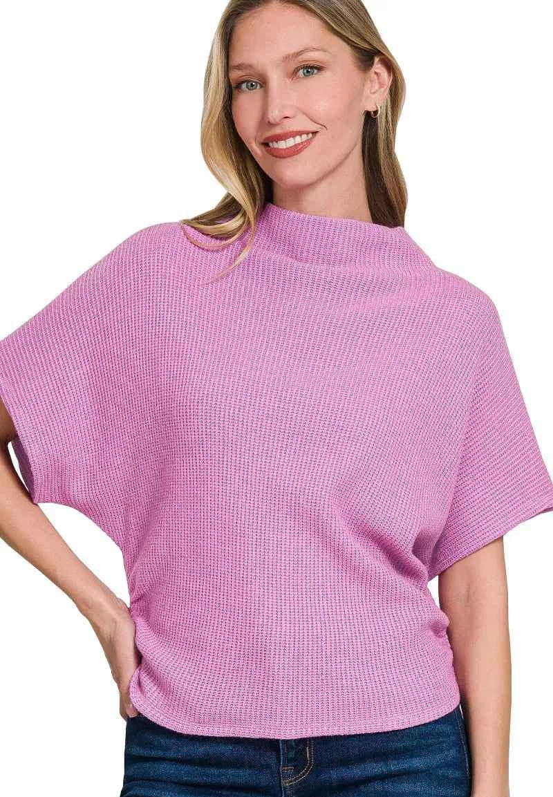 Zenana Women Sweater Mauve Mock Neck Knit Top with Side Shirred Short Sleeve MAUVE 444e799e7b424d0bb79142f5c5e839e5-Max-Origin Trendsi