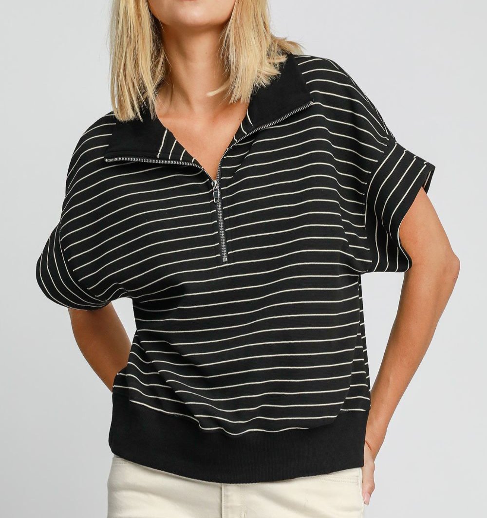 Umgee USA Striped Black Sweatshirt Cotton Blend Half Zip Short Sleeve Collared Black 444eb452-91e3-40ed-9045-0ff14e1d05f5-Max Trendsi