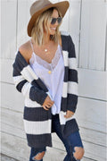 Cardigan Striped Contrast Stripes Open Front Long Sleeve Knitwear Cream 4450c168-24be-4cc3-b5c5-b6168e616e67-Max Trendsi