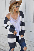 Cardigan Striped Contrast Stripes Open Front Long Sleeve Knitwear Cream 4450c168-24be-4cc3-b5c5-b6168e616e67-Max Trendsi