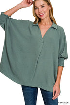 Zenana Top Collared Ash Jade Airflow with Smocked Sleeve Band Blouse 445adc3cfc0f49a7b6b7a8b71a0b5709-Max-Origin Trendsi