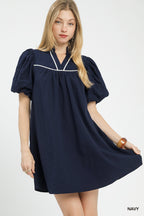 Umgee Puff Sleeve Textured Babydoll Dress in Navy Blue with White Trim