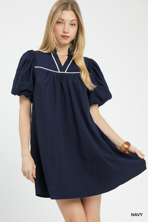 Umgee Puff Sleeve Textured Babydoll Dress in Navy Blue with White Trim