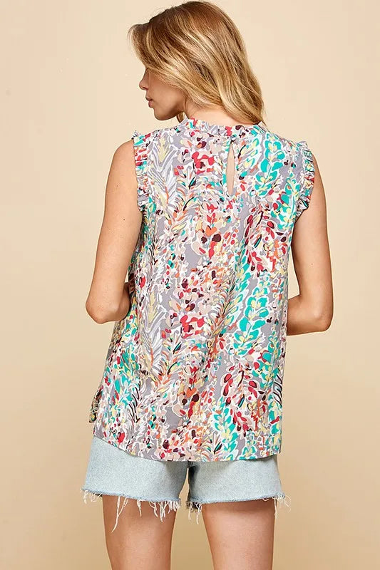 Lime 'N' Chili Top Floral Graphic Print Ruffle Trim Mock Neck Sleeveless 4460b75f-4d64-49d6-9c4d-7a704388ca1d-Max-Origin Trendsi