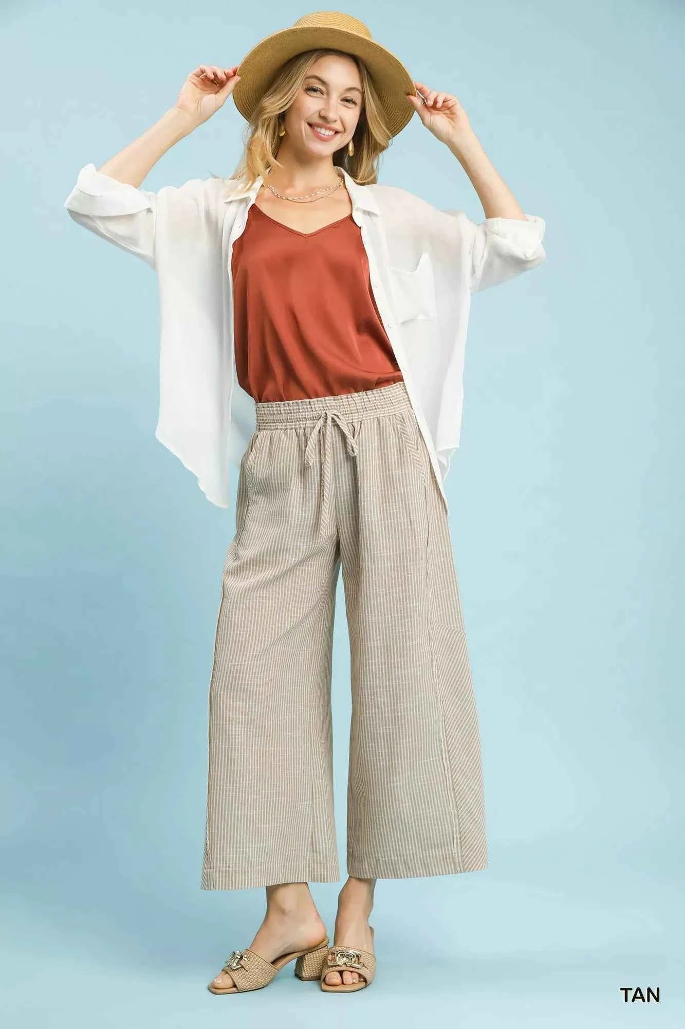 Umgee Wide Leg Pants Tan Striped Linen Blend Drawstring Waist Pocketed 44620c43-d919-421c-810d-6997dbb589cd-Max-Origin Trendsi