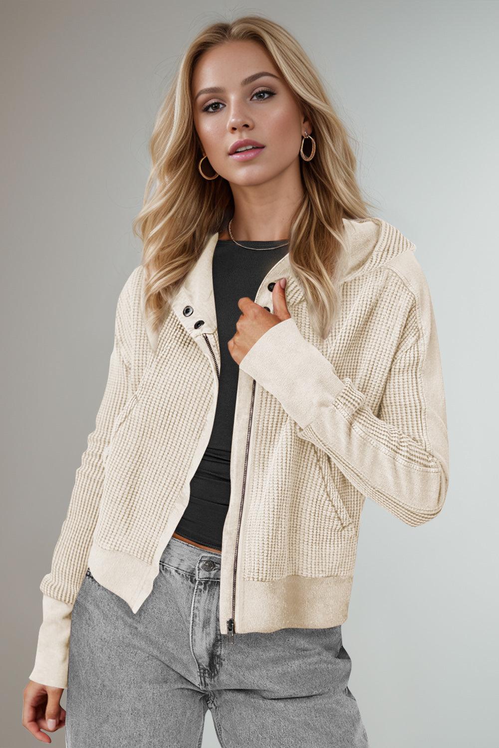 Double Take Hooded Jacket Waffle-Knit Zip Up Long Sleeve Beige 446a03f2-2c02-4fc1-8abb-9cbeba6e7e1e-Max Trendsi