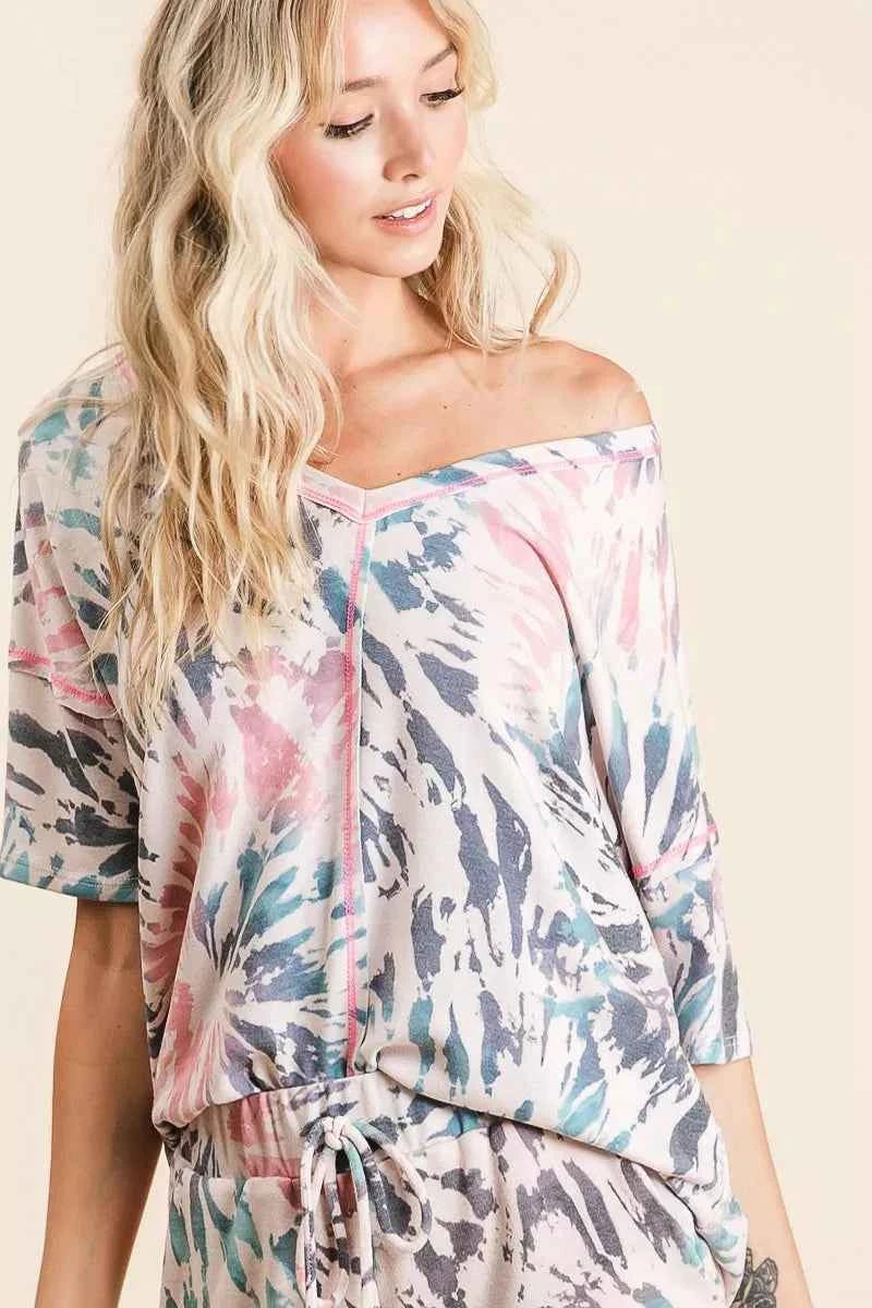 BiBi Tie Dye Print Terry V Neck Top With Contrast Short Sleeve Blouse 447aa352051843dca8ef58b91c65d059-Max-Origin Trendsi