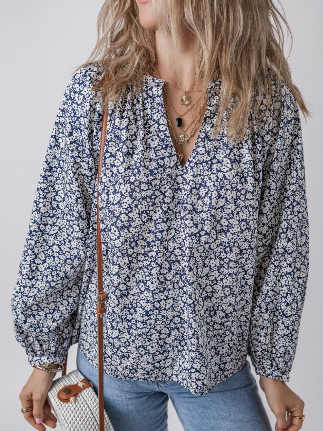 Women's Dusty Blue Floral Print Cotton Blouse Long Sleeve Dusty Blue 447f368f-eecd-488b-894c-4a94a8af0d1f-Max Trendsi