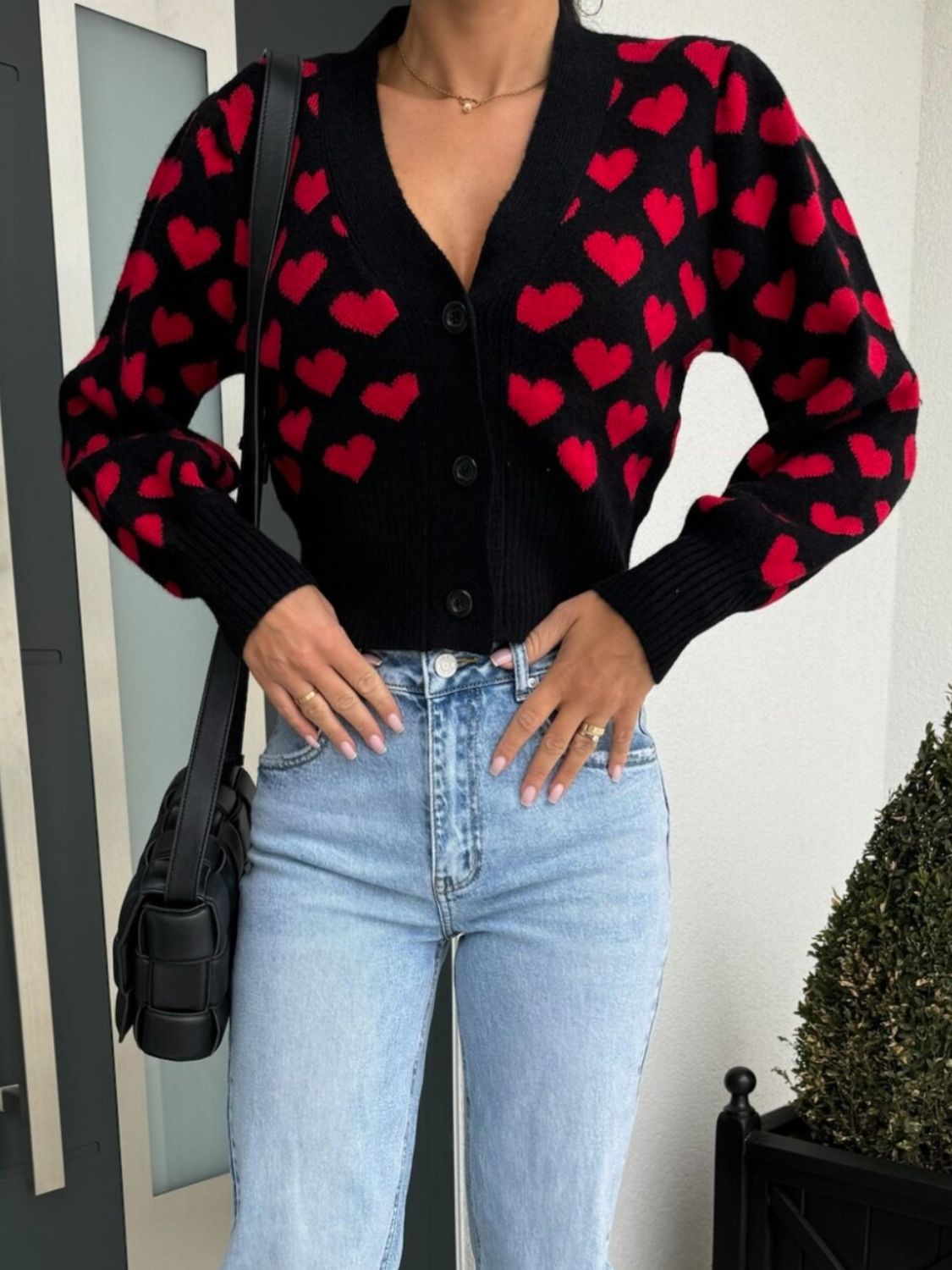 Valentine’s Day Heart Cardigan V-Neck Cropped Black Knit Long Sleeve