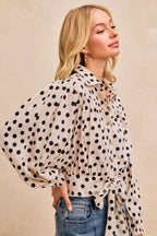BiBi Womens Crop Shirt Polka Dot Print Tie Hem Detail Long Sleeve Top 4483f92d34fa4cacba8e58b69b7eb916-Max-Origin Trendsi