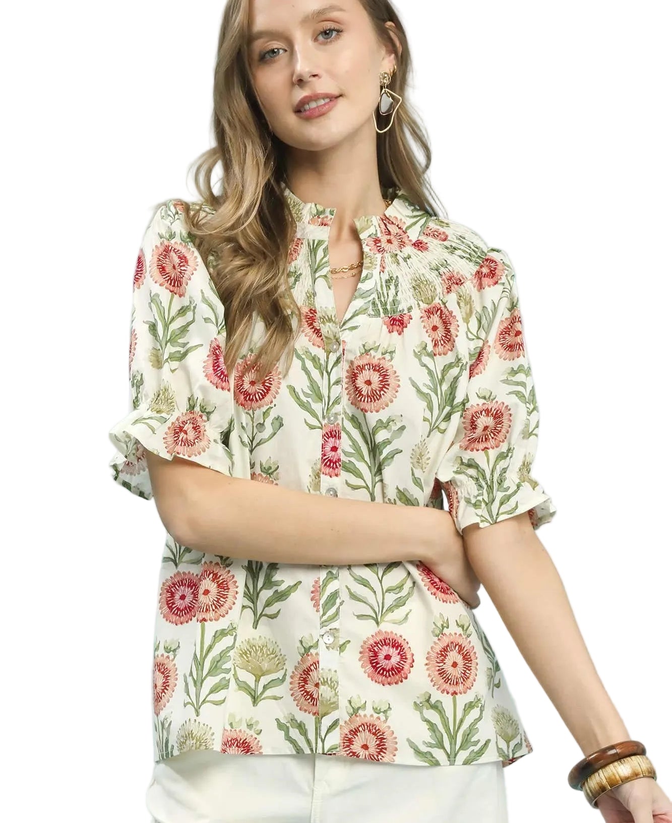 Umgee Floral Button-Front Short Sleeve Top