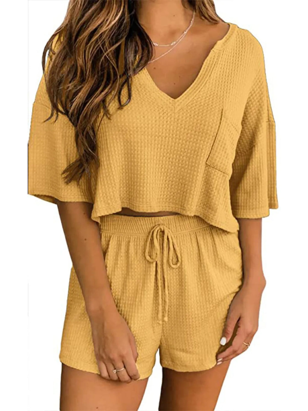Women's Lounge Set Waffle Knit Top Short Sleeve and Shorts Pocketed 448cb2c3981248a48b17eaf1fe653ee5-Max-Origin Trendsi