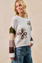 BiBi Flower Women's Sweater Color Block Ivory Brown Knit Pullover 448f40ea2b2e470aa26fa9d77beda0f5-Max-Origin Trendsi
