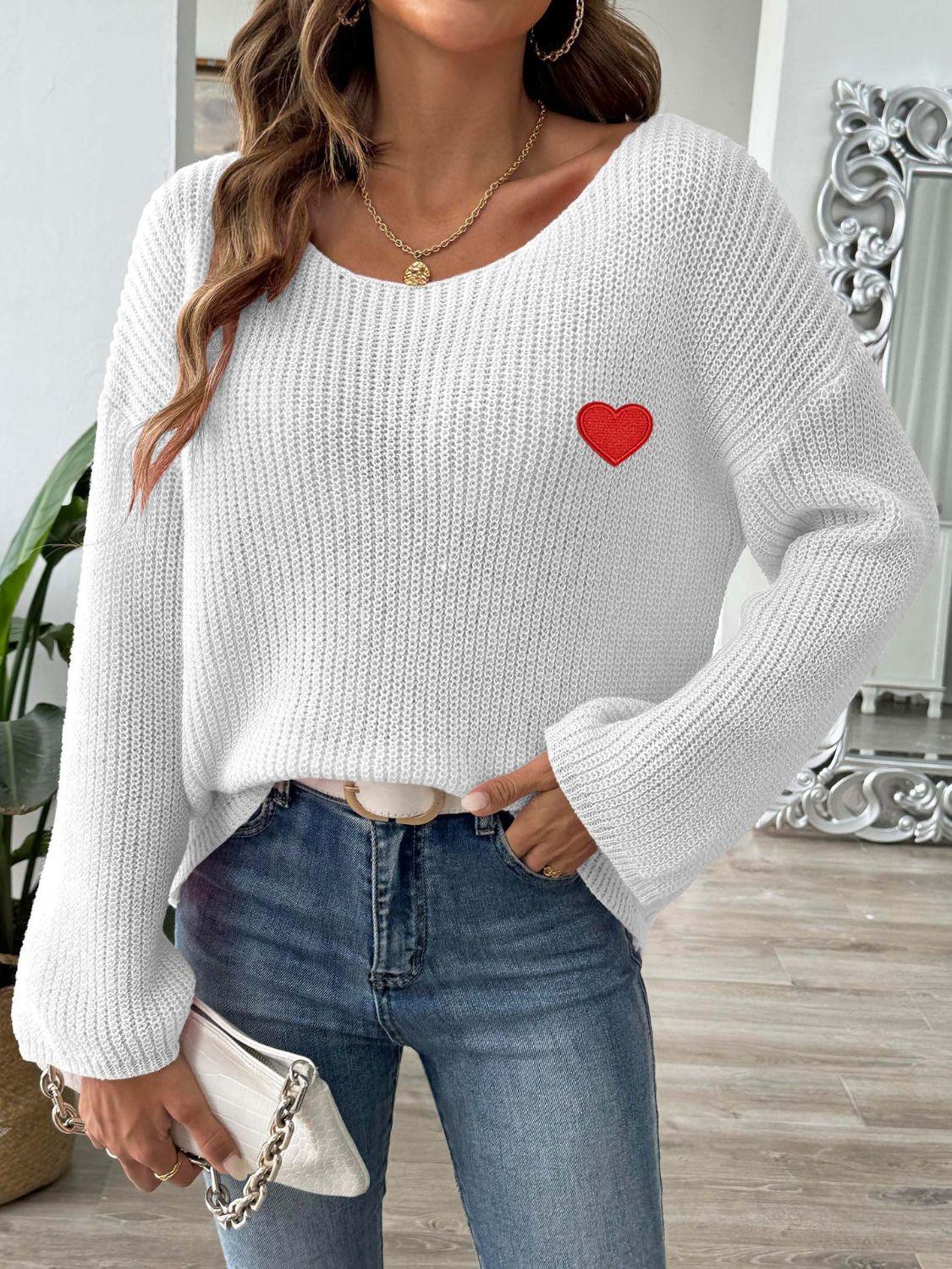 Sweater Heart Embroidered Boat Neck Dropped Shoulder Long Sleeve White 448fe621-01b7-4257-a8d5-958b3a33791e-Max Trendsi