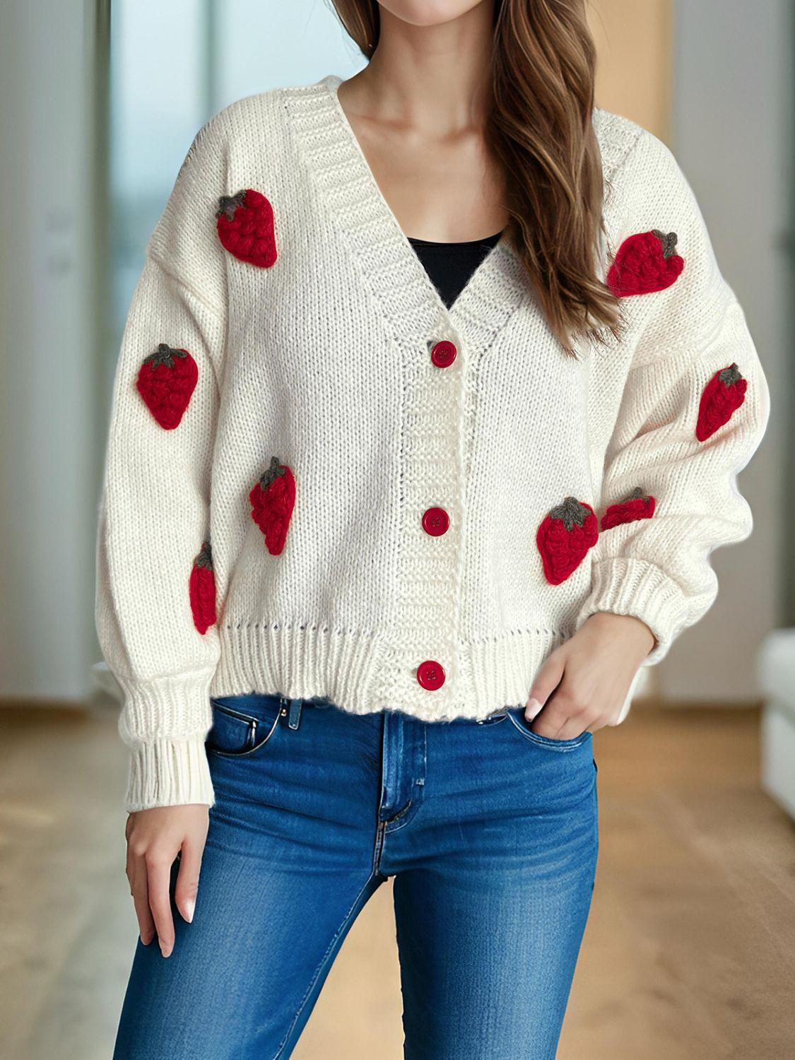 Crochet Cardigan Strawberry Embroidery V-Neck Long Sleeve Knitwear 4495b10d-f1d1-43ec-99c6-5ac3e18f62dc-Max Trendsi