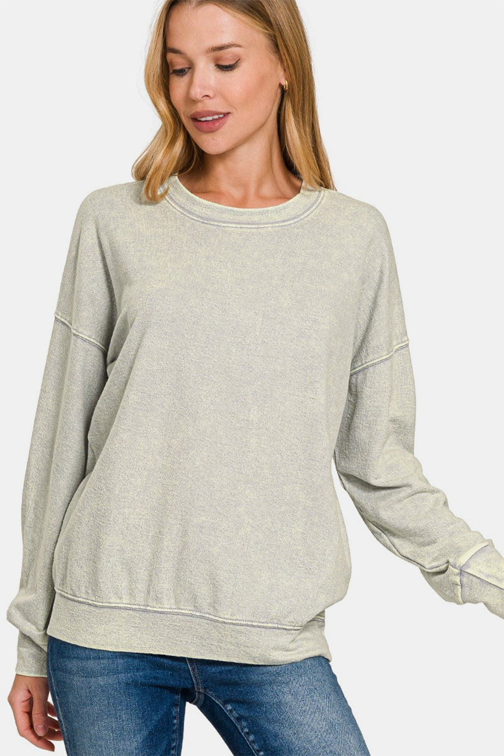 Zenana Sweatshirt Light Gray Washed Round Neck Long Sleeve Basic Style