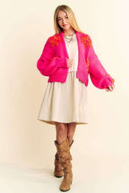 Davi & Dani Cardigan Floral Applique Open Front Hot Pink Oversized Soft Sweater 449ca586-eca3-4c6c-b46d-5854ad0c21e6-Max Trendsi