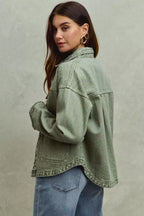 SO ME Womens Denim Shacket Olive Vintage Washed Button Twill Outwear 449d56decd9d4228ad6550feaf4bf4b2-Max-Origin Trendsi