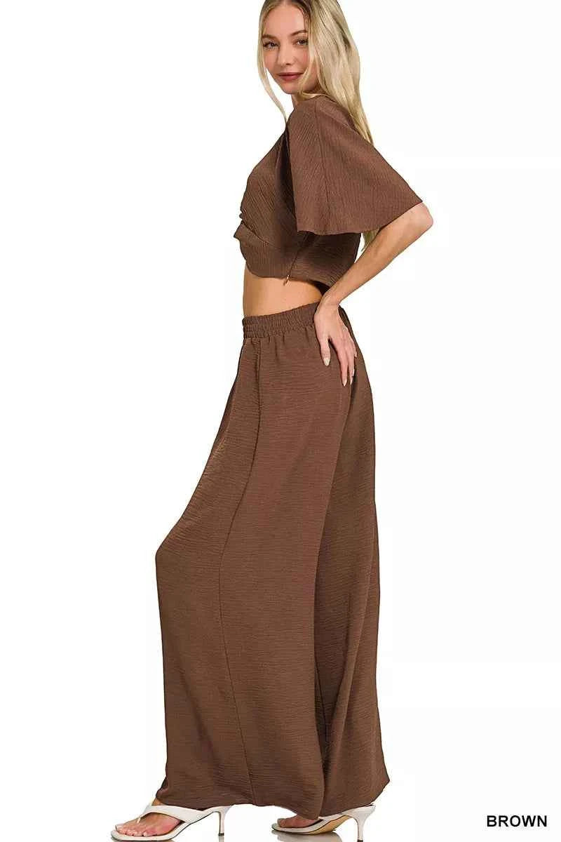 Zenana Women’s Woven Airflow Top & Wide Leg Pants Set Lightweight Casual Outfit