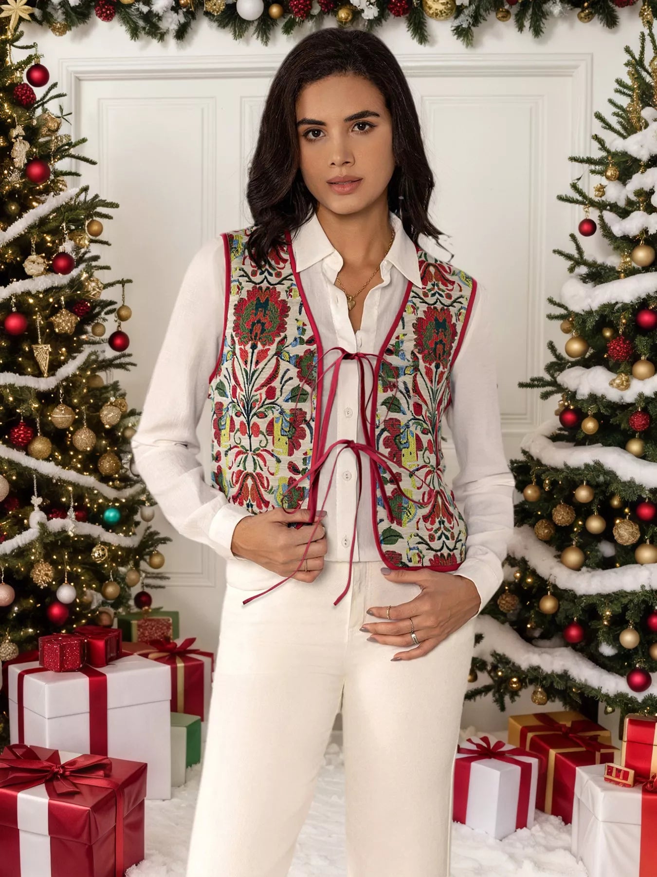 Womens Vest Coat Floral Embroidered Deep Red Tie-Front Sleeveless 44ac874d-85bd-405a-bdf8-6892ed710a88-Max-Origin Trendsi