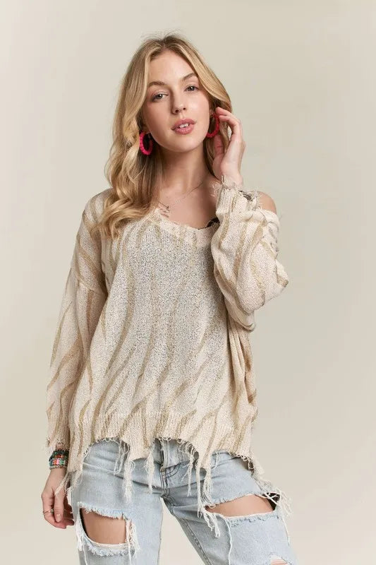 ADORA Knit Top Distressed Zebra Ivory Gold Raw Hem Fringe Long Sleeve 44b14dfb7fb8411f98c2e416bd17307a-Max-Origin Trendsi