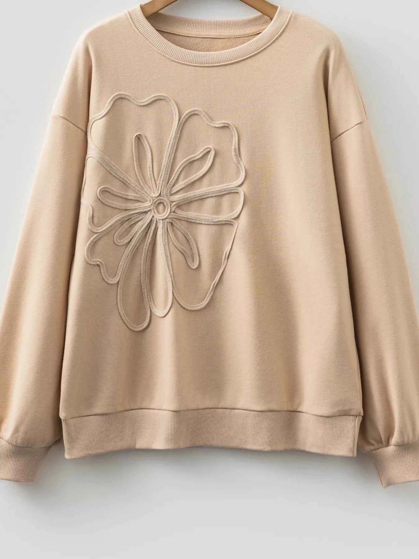 Women Sweatshirt Beige Embroidered Flower Pattern Long Sleeve Top 44b34f41e50e4d1fa401975cf0811277-Max-Origin Trendsi