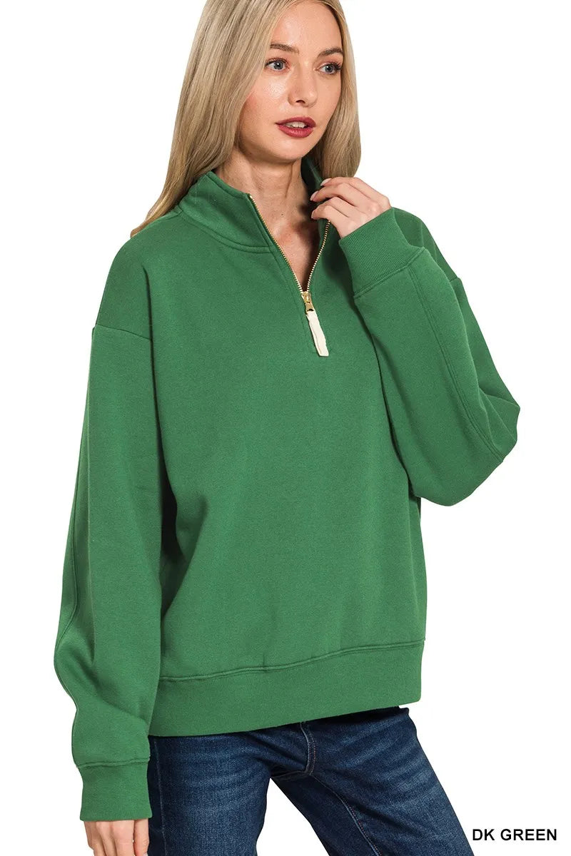 Zenana Fleece Women's Sweatshirt Half Zip Collar Dark Green Comfort Top 44b3671345554eac8eb90dd14ce93564-Max-Origin Trendsi