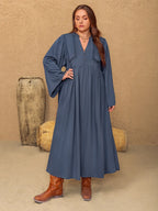 Plus Size Long Sleeve Midi Dress with Lace Detailing and Notched Neckline