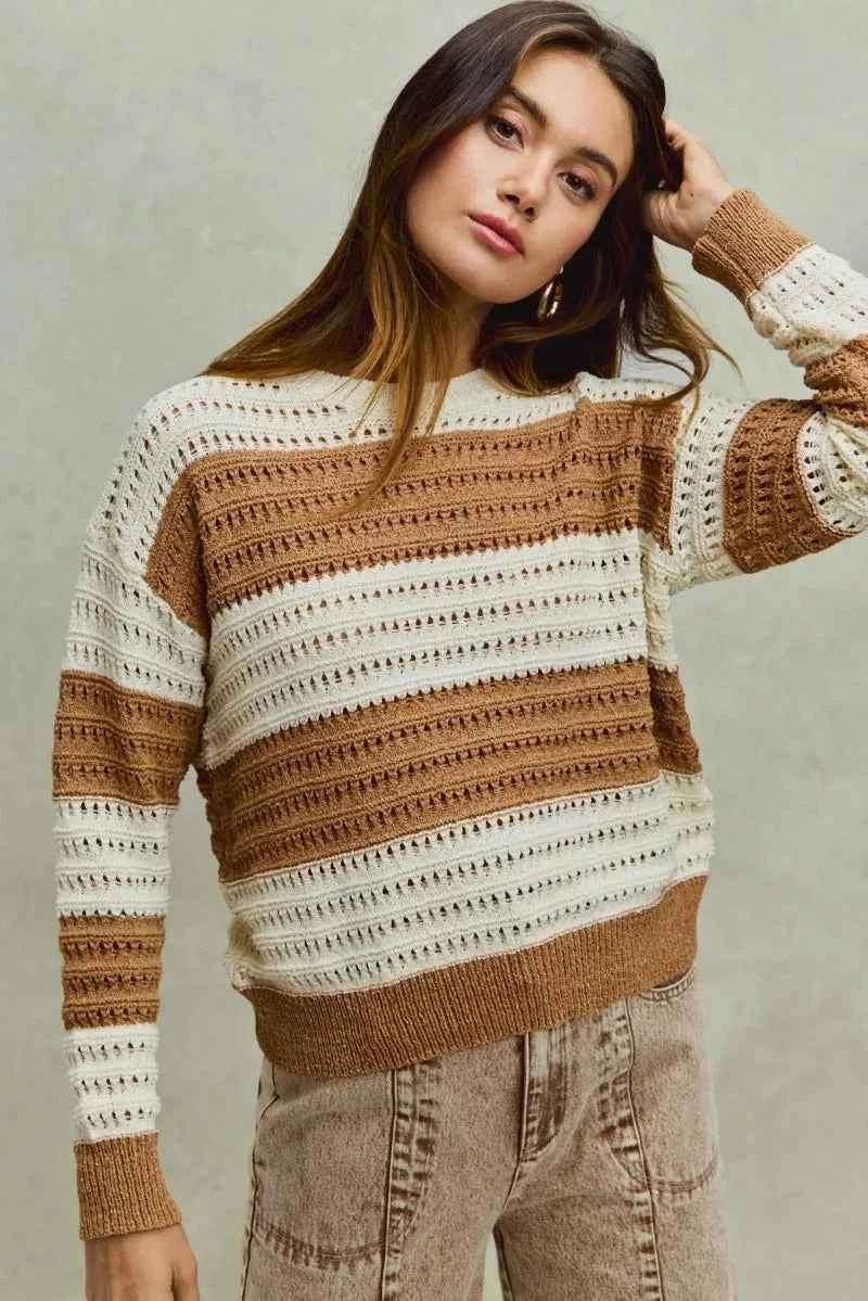 SO ME Women Sweater Openwork Textured Wide Stripe Cream Taupe Pullover 44bb4205cd284971bcc2aec3d37bac0b-Max-Origin Trendsi