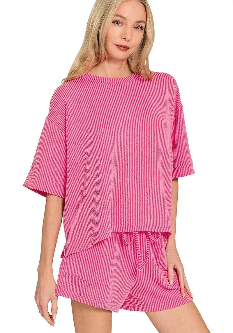 Zenana Outfit Set Raised Rib Short Sleeve Tee and Drawstring Shorts Fuchsia Pink FUCHSIA 44bc006a0865469cb162e937726fc2f2-Max-Origin Trendsi