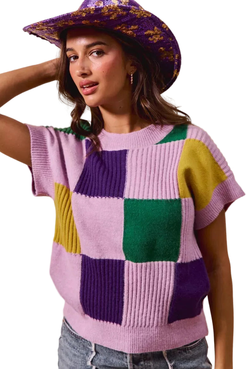 SO ME Casual Sweater Top Women Mardi Gras Check Plaid Short Sleeve Top 44bc0e3b159a46cd97404408057c343f-Max-Origin Trendsi