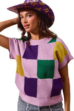 SO ME Casual Sweater Top Women Mardi Gras Check Plaid Short Sleeve Top 44bc0e3b159a46cd97404408057c343f-Max-Origin Trendsi