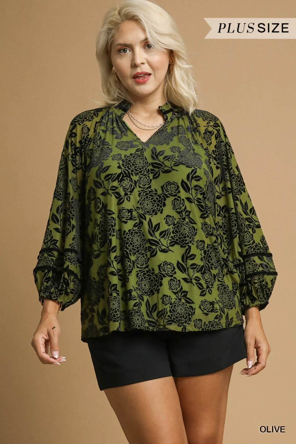 Umgee Velvet Blouse Olive Floral with Balloon Long Sleeves Top 44c46c83-13f3-40d7-9a92-4bcde92c12ee-Max-Origin Trendsi