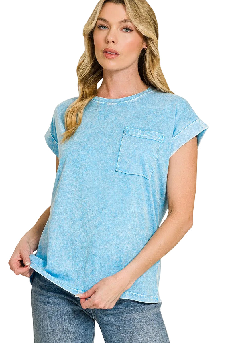 Zenana Halo Snow Washed Cuffed Short Sleeve T-Shirt