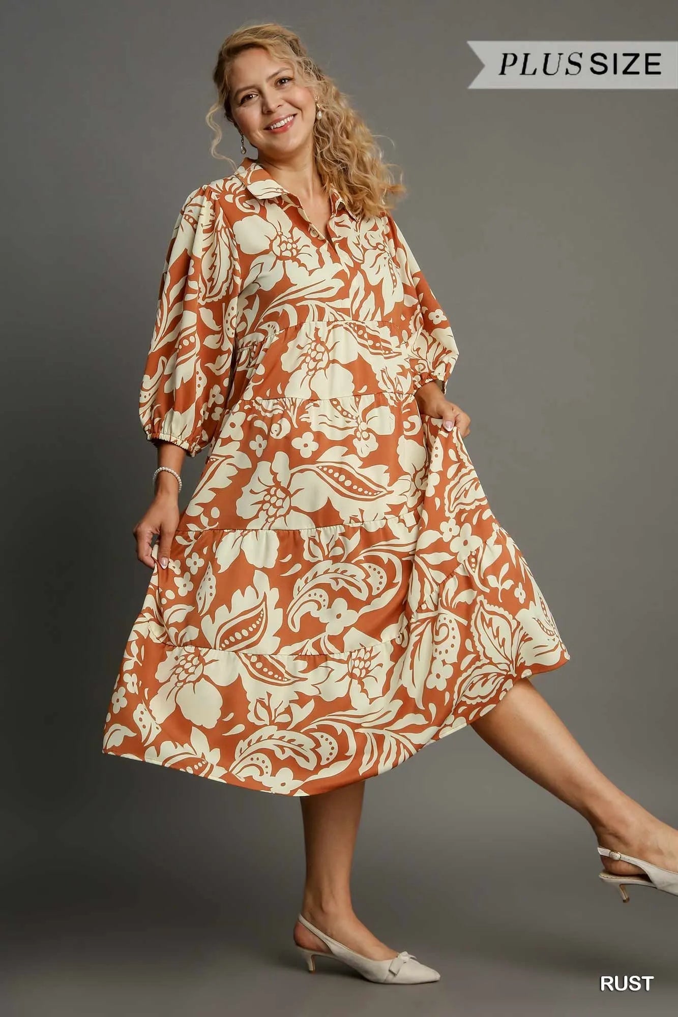 Umgee Midi Shirt Dress Rust Floral Tiered 3/4 Sleeve 44cf99cc-4c28-46d8-b649-3d0098622851-Max-Origin Trendsi