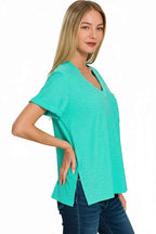 Zenana Women T-shirt Turquoise Slub Rolled Short Sleeve V-Neck Top Tee 44d581ea-4a23-4e69-9fdc-6b08104d4480-Max-Origin Trendsi
