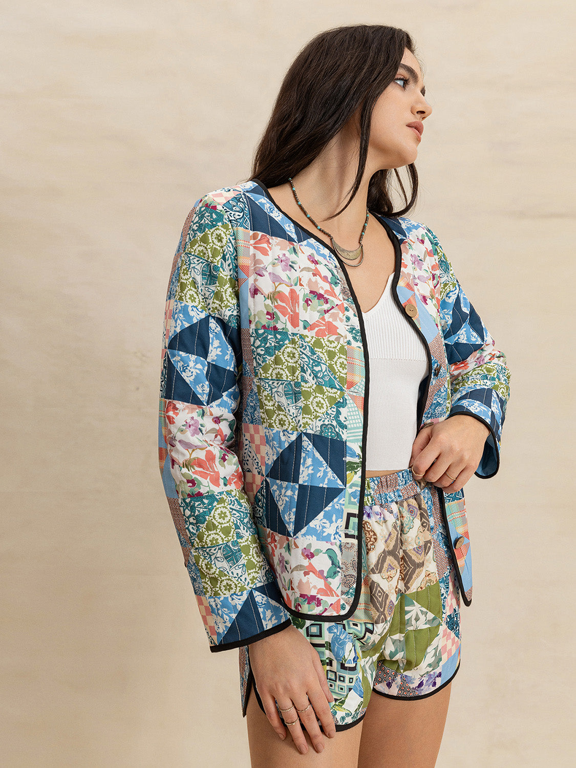 Outfit Set Floral Quilted Jacket Long Sleeve Outerwear and Shorts 2 Pcs