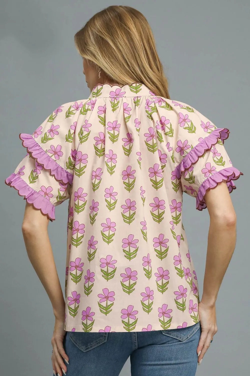 Umgee Blouse Pink Purple Floral Print Ruffle Short Sleeve Cotton Top 44dfd883-77e5-4caa-9786-b14d5ed375f3-Max-Origin Trendsi