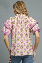 Umgee Blouse Pink Purple Floral Print Ruffle Short Sleeve Cotton Top 44dfd883-77e5-4caa-9786-b14d5ed375f3-Max-Origin Trendsi