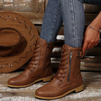 Women's Boots Pu Leather Lace Up Zip Round Toe Block Mid Heels Shoes 44e6bee790384e1f83a0cbd55122eb8a-Max-Origin Trendsi