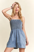 ADORA USA Denim Short Romper Smocked Spaghetti Strap Blue Pocketed Medium 44ebf921-c872-4cfd-b82d-e630203ee130-Max Trendsi