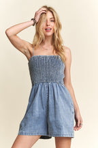 ADORA USA Denim Short Romper Smocked Spaghetti Strap Blue Pocketed Medium 44ebf921-c872-4cfd-b82d-e630203ee130-Max Trendsi