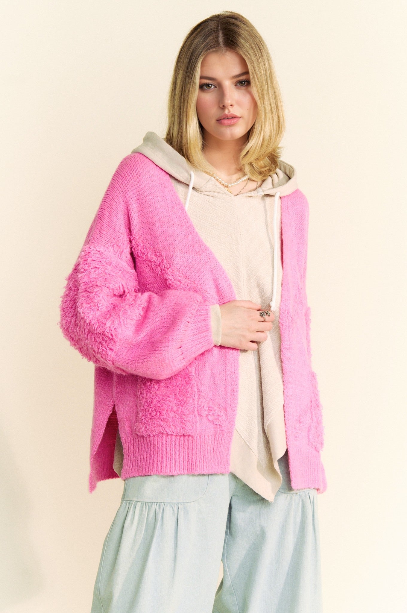 Davi & Dani USA Pink Cardigan Woolen Blend Side Slit Open Front Long Sleeve Pink 44ed69a8-e626-49c5-ba74-c1a2a7c0d545-Max Trendsi