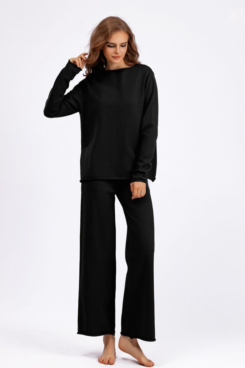 Basic Bae Outfit Sweater Set Rolled Edges Round Neck Long Sleeve Top Pants