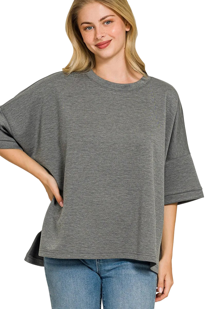 Zenana Plus Size Full-Length Scuba Fabric Top with Round Neck and Side Slits