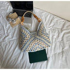 Women's Beach Crochet Shoulder Bag Medium Wave Knit Woven Blue Handbag