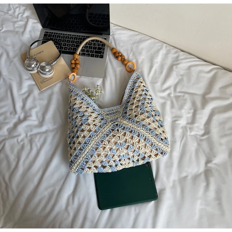 Women's Beach Crochet Shoulder Bag Medium Wave Knit Woven Blue Handbag