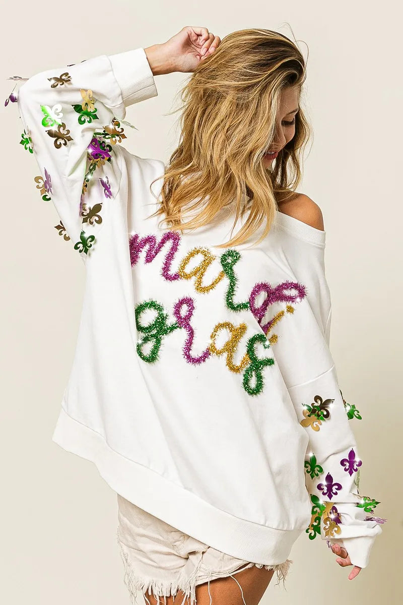 BiBi Womens Pullover Off White Fleur De Lis Sleeve Mardi Gras 450066d486b544afba3e23adff9b28f6-Max-Origin Trendsi