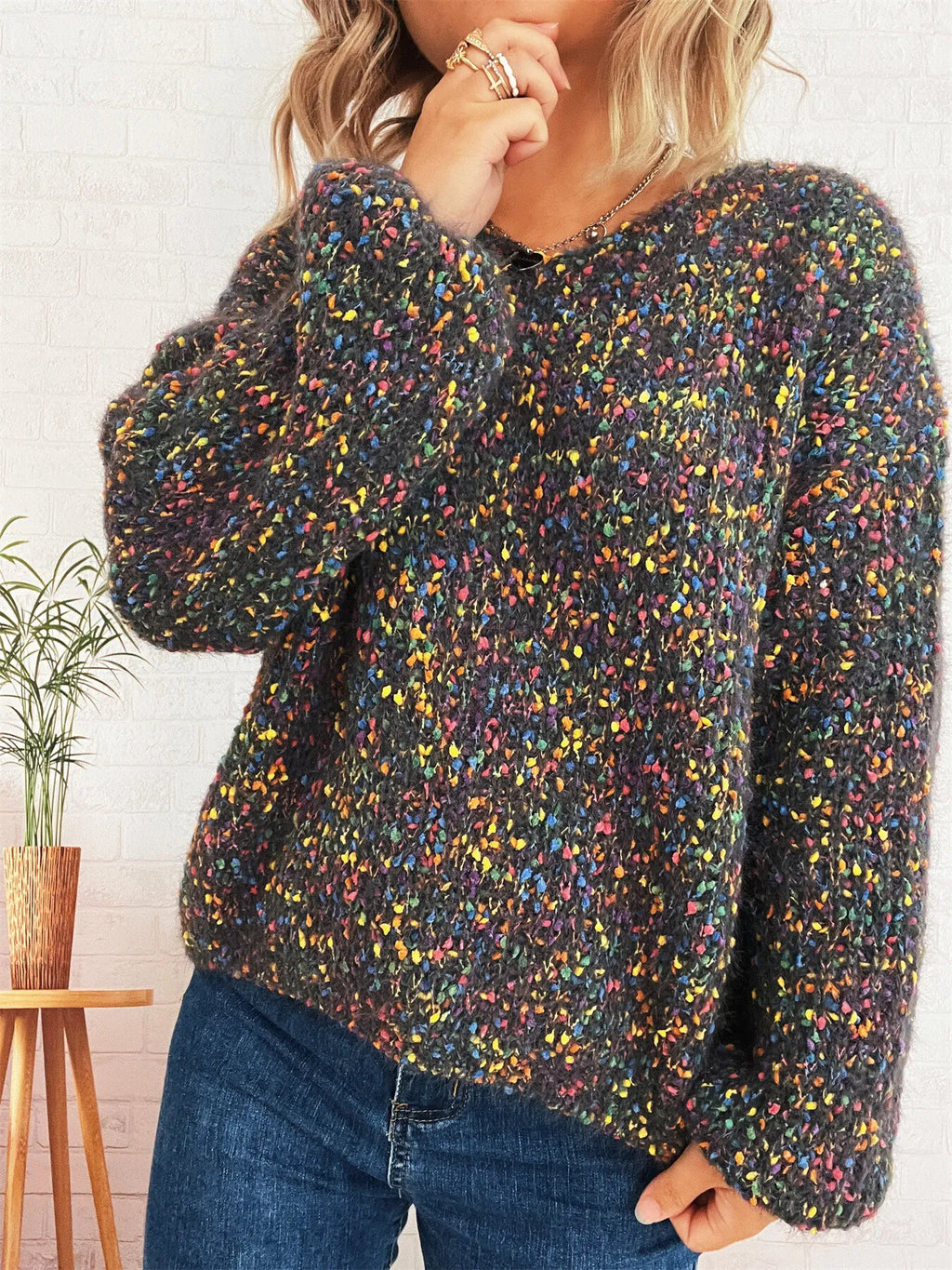 Women's Sweater Colorful Knit Oversized Long Sleeve Pullover Black One Size 4513dca2b4b642b4b08a86d06f7910ea-Max-Origin Trendsi